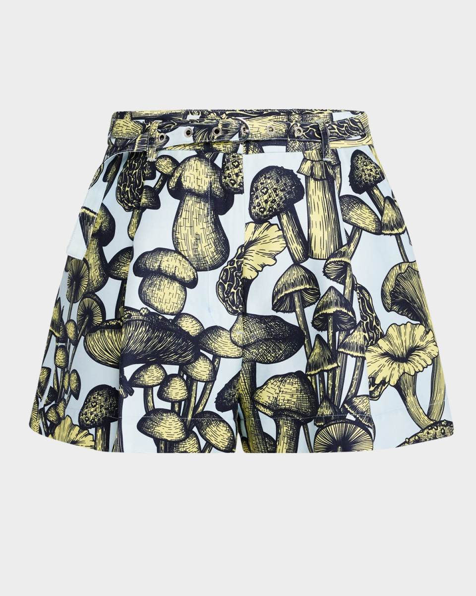 Belted Mushroom-Print Shorts